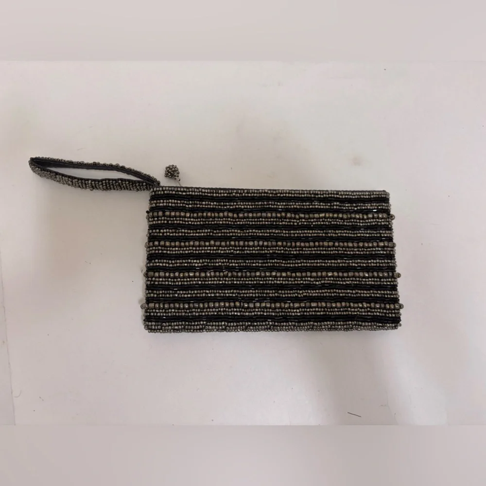 Black silver Beaded mini clutch‎ small purse wristlet striped evening retro